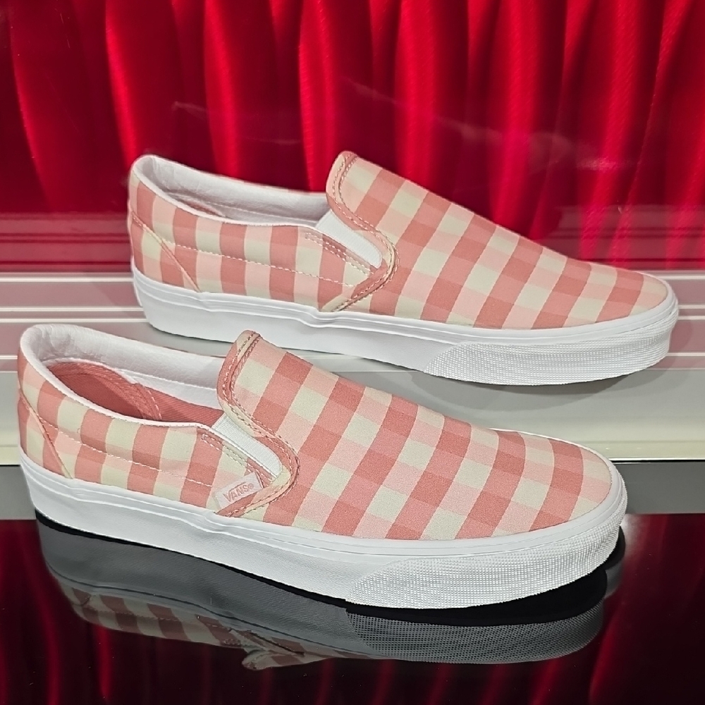 Vans Classic Slip-On Gingham Rosette White Pink Checkered Size 8 Men Women's 9.5